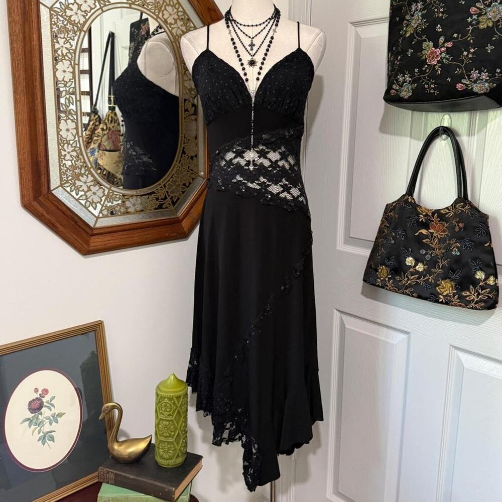 VTG Y2K Ecco Mi Black Soft Knit Sheer Floral Lace Sequin Asymmetric Fairy Dress